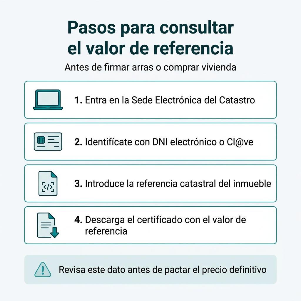 Diagrama con los pasos básicos para consultar el valor de referencia catastral de una vivienda por internet.