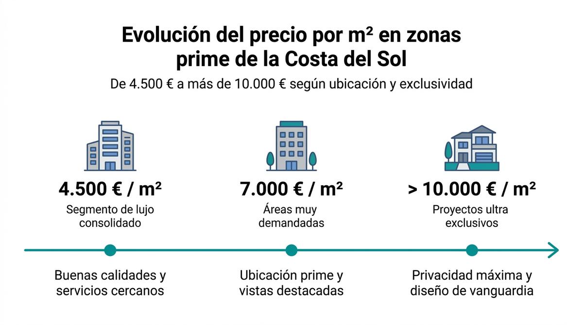 Diagrama con tres niveles de precio por metro cuadrado en zonas prime de la Costa del Sol.