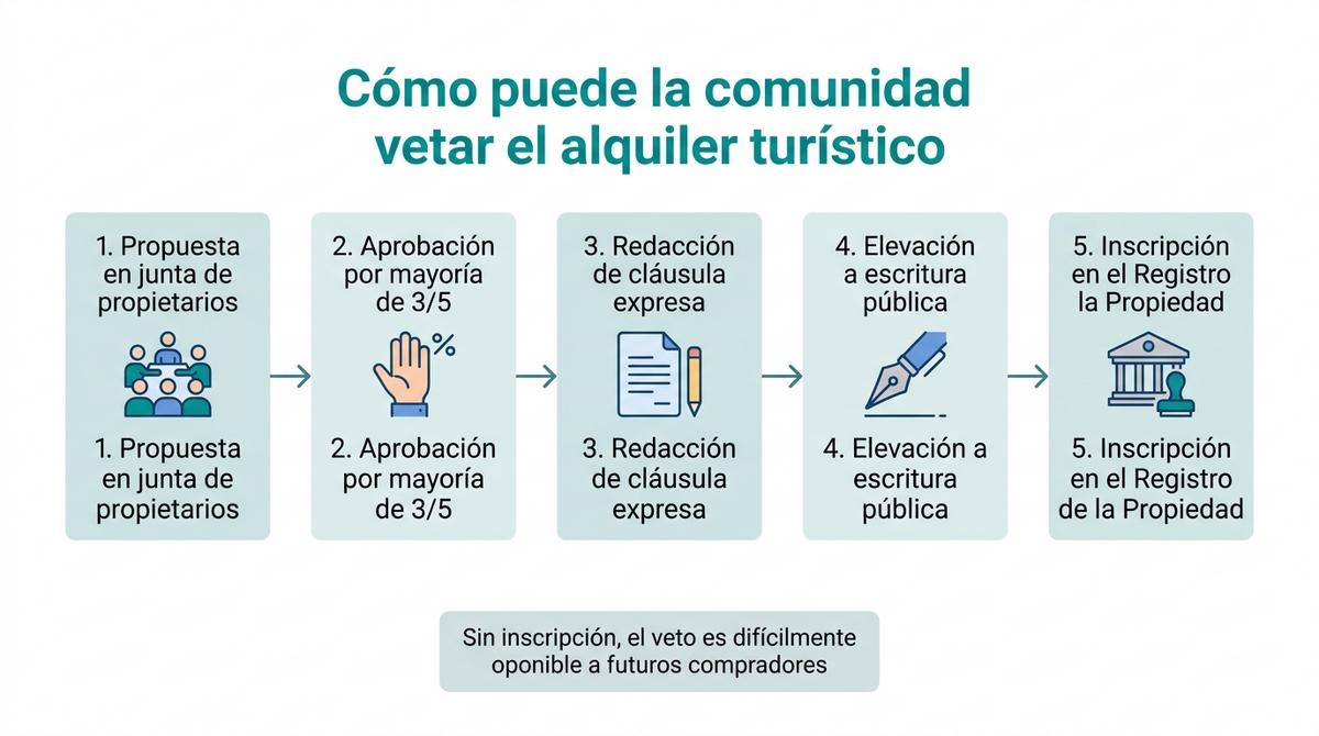Diagrama de flujo con los pasos para que una comunidad prohíba el alquiler turístico en sus estatutos
