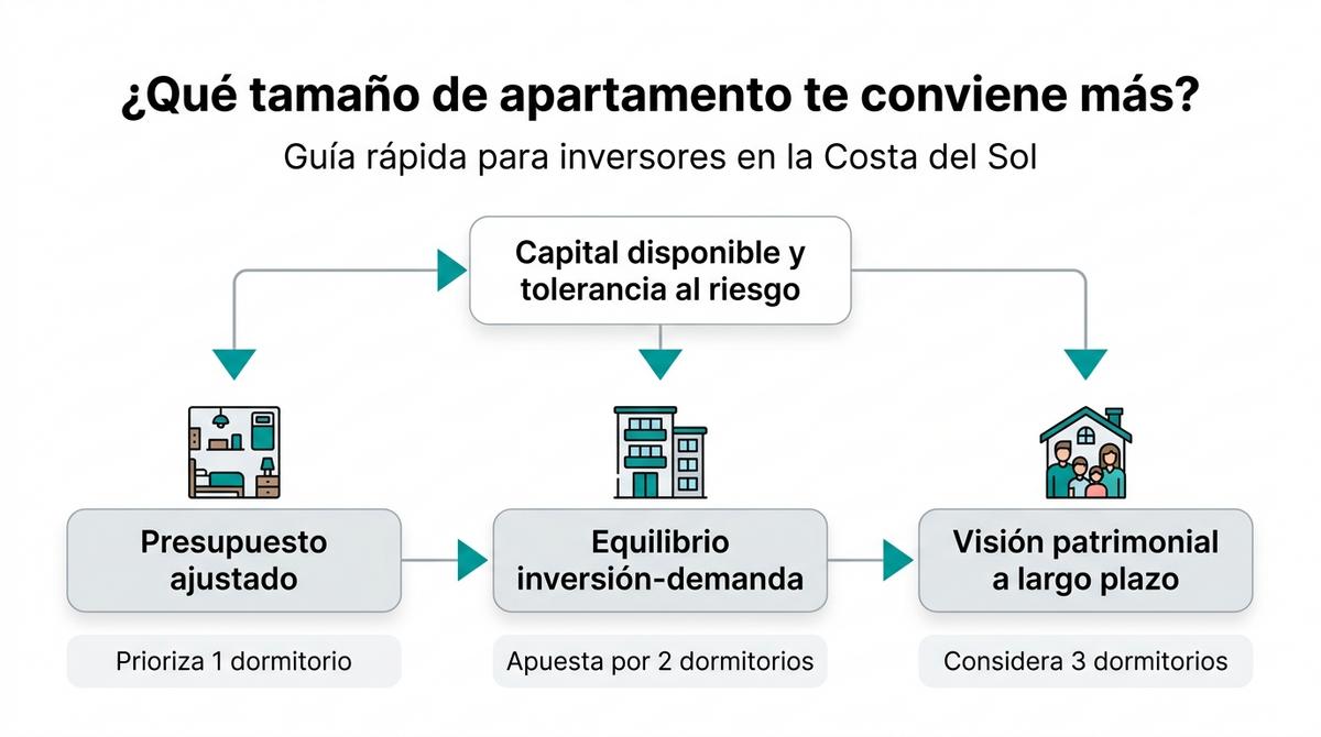 Diagrama de flujo que ayuda a elegir entre apartamento de 1, 2 o 3 dormitorios según presupuesto y objetivos de inversión.