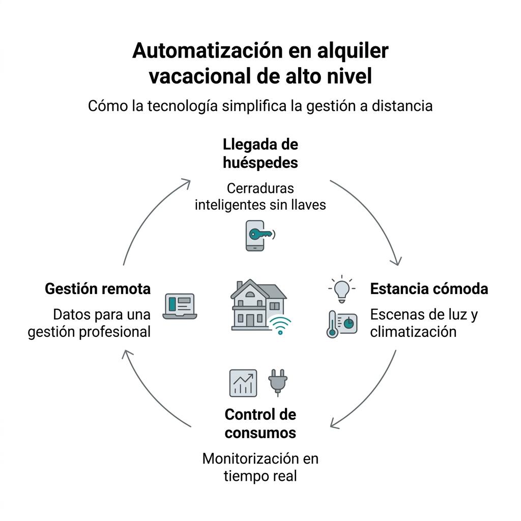 Diagrama de flujo sobre cómo la automatización mejora la gestión del alquiler vacacional de lujo