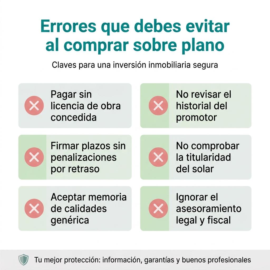 Diagrama en formato checklist con los principales errores a evitar al comprar vivienda sobre plano.