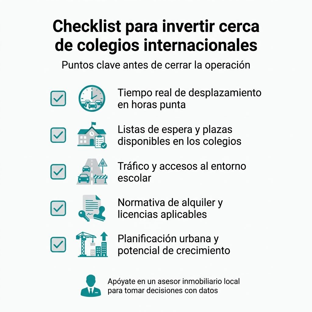 Diagrama en formato checklist con los principales puntos a revisar al invertir en viviendas cercanas a colegios internacionales.