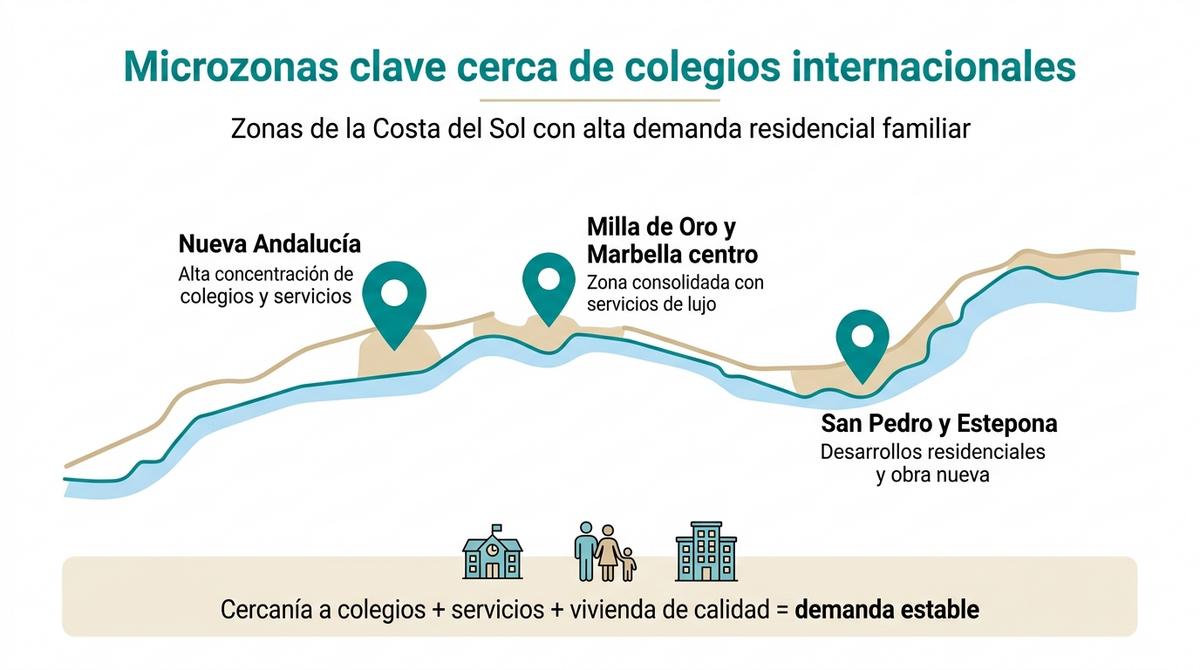Diagrama esquemático de las principales zonas de la Costa del Sol con colegios internacionales y alta demanda de vivienda familiar.