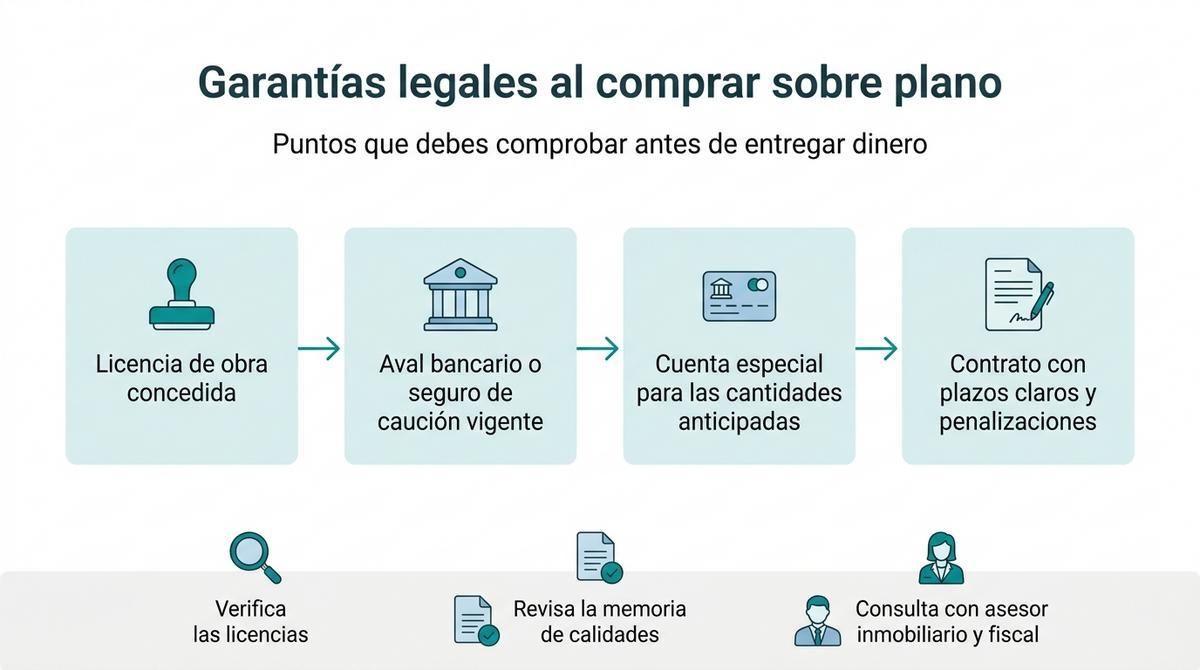 Diagrama que resume las principales garantías legales al comprar una vivienda sobre plano.