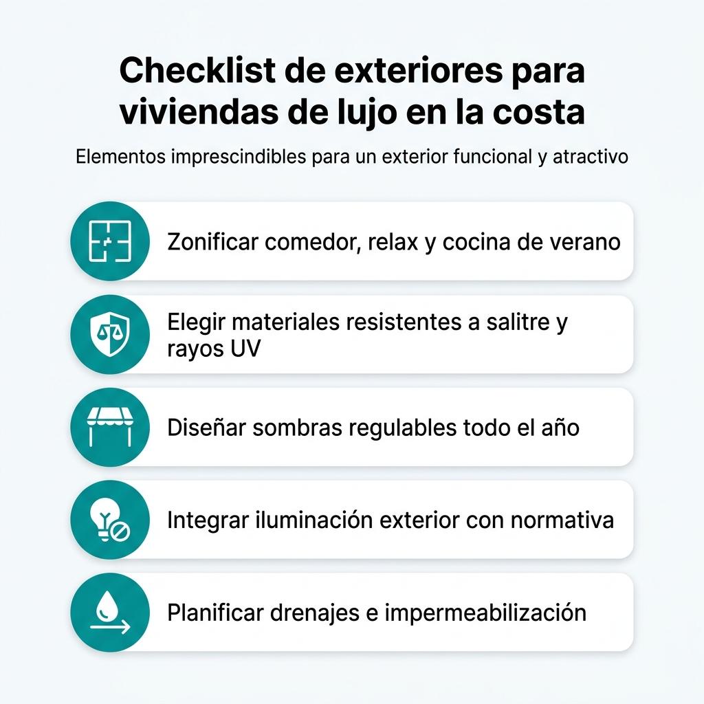 Diagrama tipo checklist con cinco puntos clave para diseñar exteriores de lujo funcionales y duraderos en la costa.