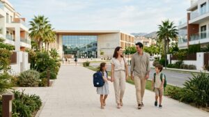 Familia Caminando Desde Su Vivienda Hacia Un Colegio Internacional En Una Urbanizacion Moderna De La Costa Del Sol