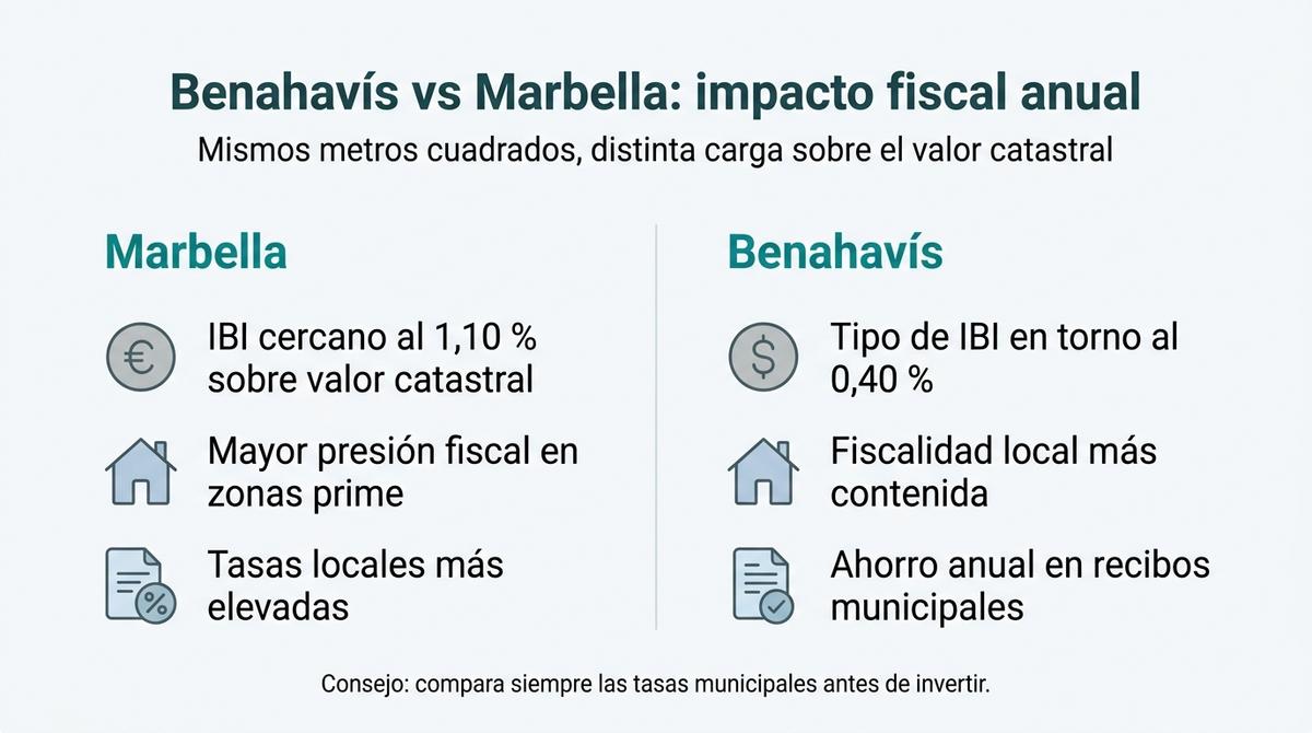 Infografía comparativa de la fiscalidad local entre Benahavís y Marbella.