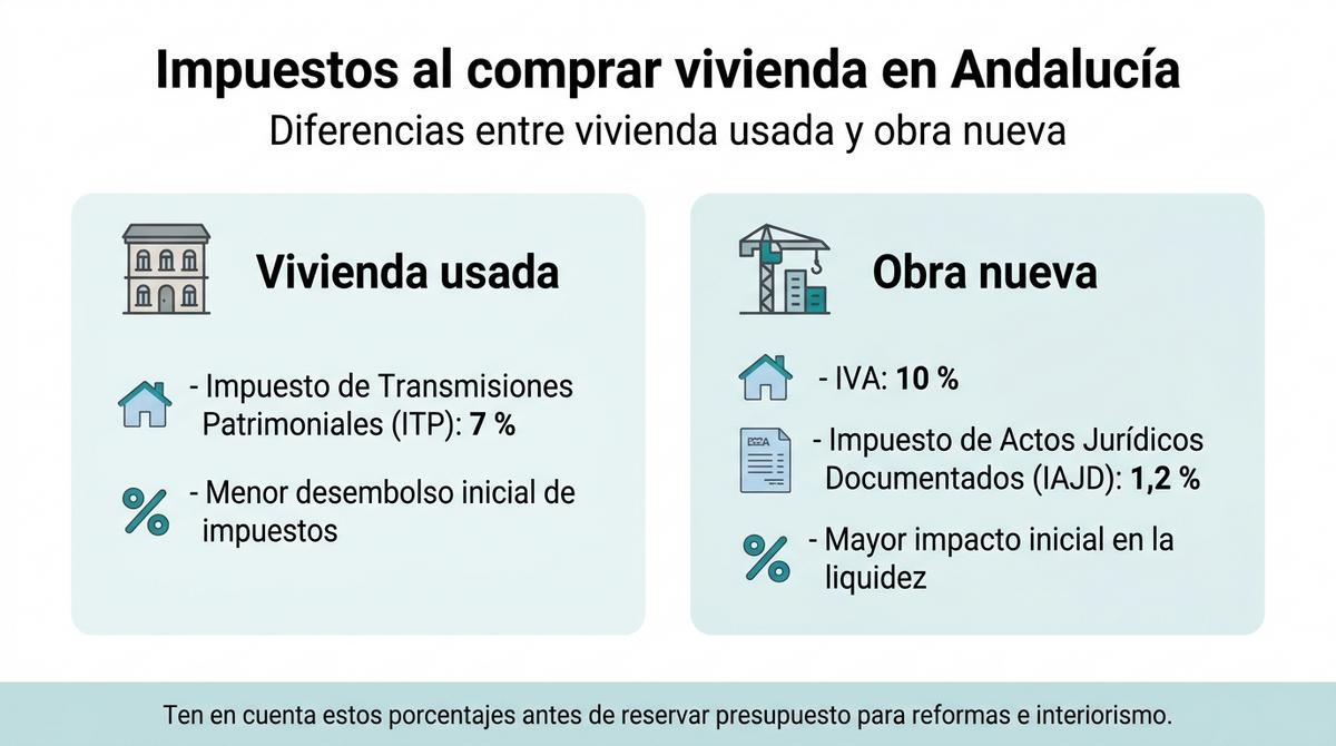 Infografía con los impuestos principales al comprar vivienda usada u obra nueva en Andalucía.