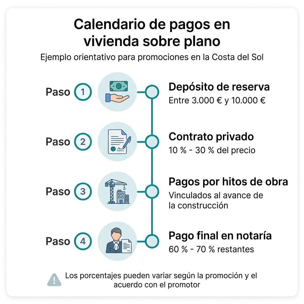 Infografía con los pasos y porcentajes orientativos del calendario de pagos de una vivienda sobre plano.