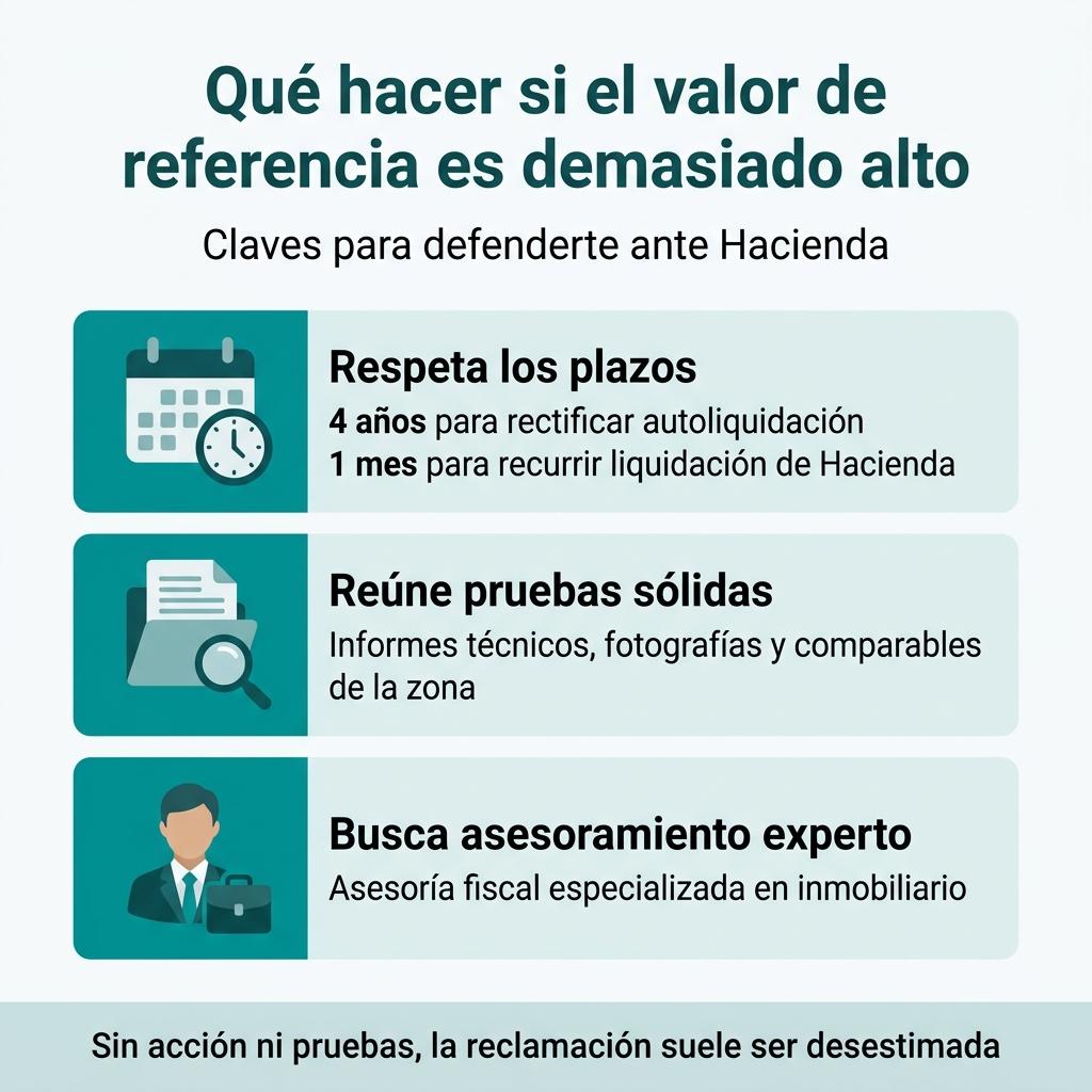 Infografía con los principales pasos y recomendaciones si el valor de referencia catastral supera el precio de mercado.