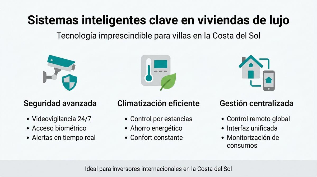 Infografía con tres columnas que resume sistemas inteligentes clave en viviendas de lujo