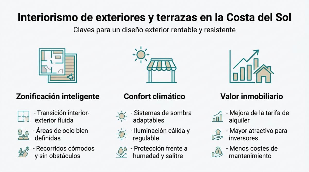 Infografía con tres columnas que resumen la zonificación, el confort climático y el valor inmobiliario del interiorismo de exteriores y terrazas.