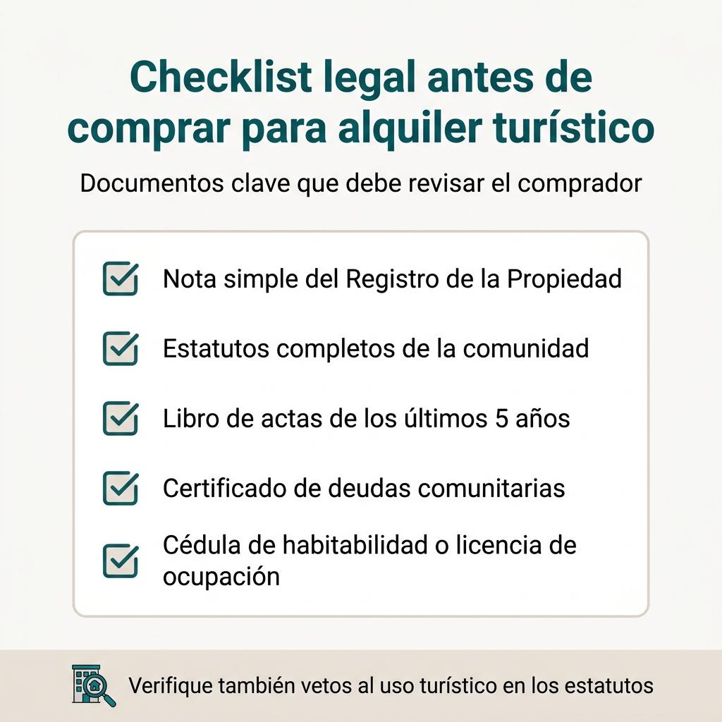 Infografía con un checklist de documentos legales a revisar antes de invertir en una vivienda para alquiler turístico