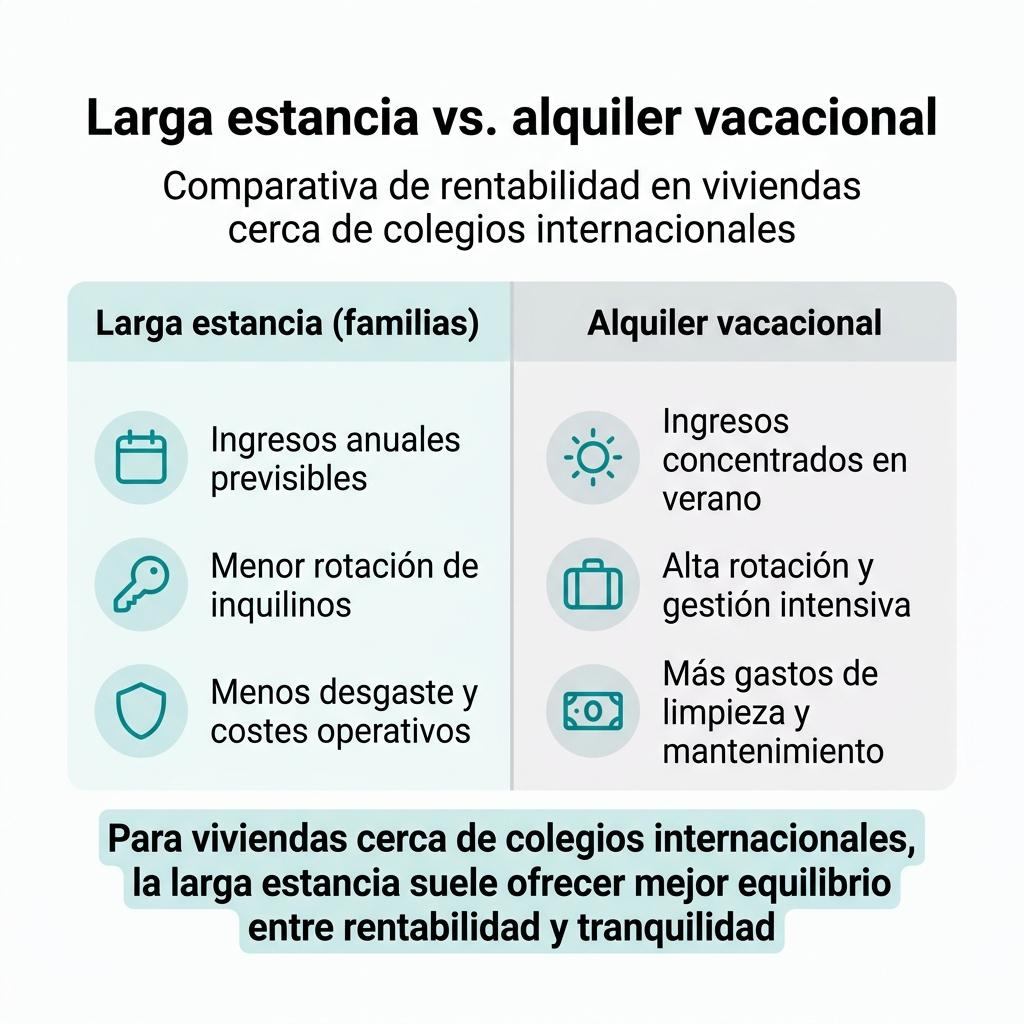 Infografía que compara la rentabilidad de la larga estancia frente al alquiler vacacional en viviendas próximas a colegios internacionales.