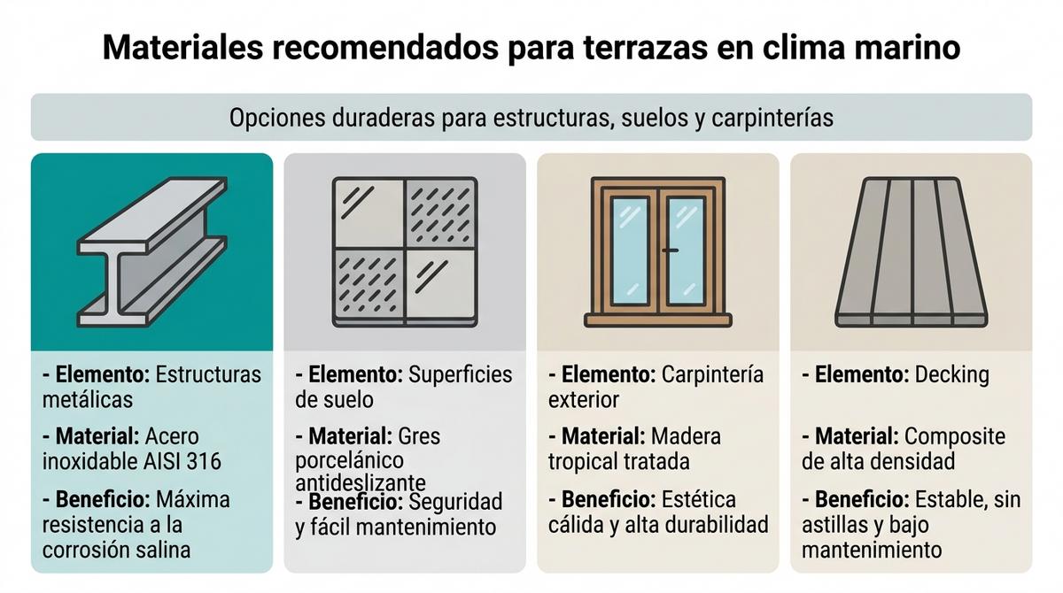 Infografía que compara materiales recomendados para estructuras, suelos, carpintería exterior y decking en terrazas expuestas al clima marino.