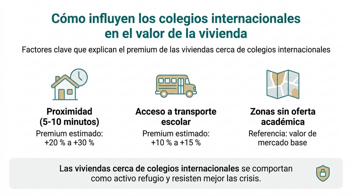 Infografía que resume cómo la proximidad a colegios internacionales incrementa el valor de las viviendas.