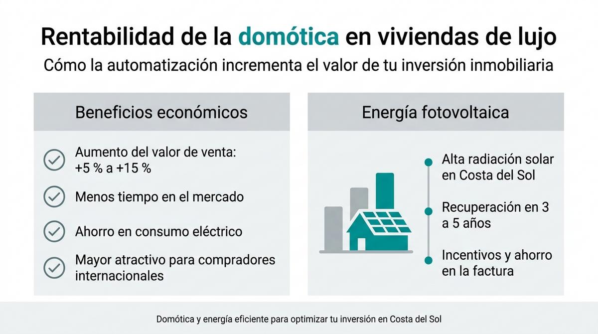 Infografía que resume la rentabilidad económica de la domótica y la energía fotovoltaica en viviendas de lujo