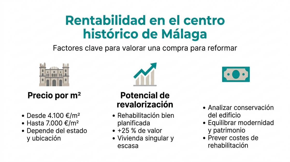 Infografía que resume precios por metro cuadrado, potencial de revalorización y claves de inversión en el centro histórico de Málaga