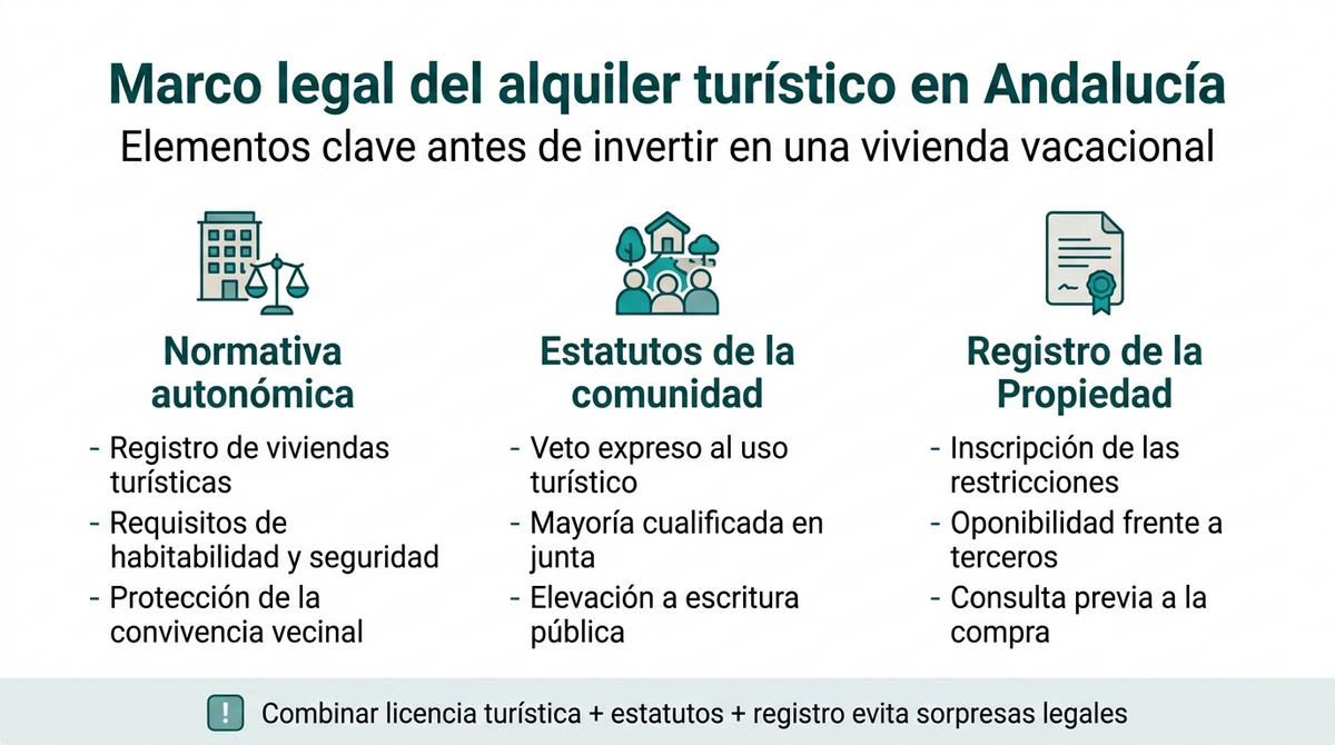 Infografía sobre el marco legal del alquiler turístico en Andalucía con normativa autonómica, estatutos de comunidad y Registro de la Propiedad
