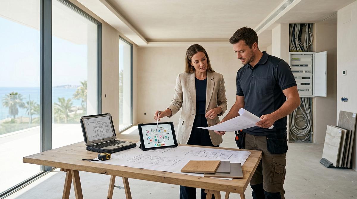 Interiorista y técnico domótico revisando planos y tablet en la reforma de una vivienda de lujo