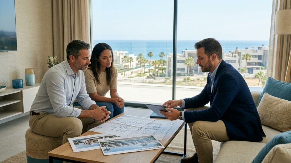 Pareja Con Un Asesor Inmobiliario Revisando Planos De Una Vivienda Nueva Con Vistas Al Mar En La Costa Del Sol