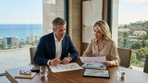 Pareja De Inversores En Una Sala Moderna Analizando Documentos Con Vistas A La Costa Y Colinas Residenciales De La Costa Del Sol