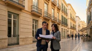 Pareja De Inversores Revisando Planos Frente A Un Edificio Historico Rehabilitado En Una Calle Peatonal Del Centro De Malaga Al Atardecer