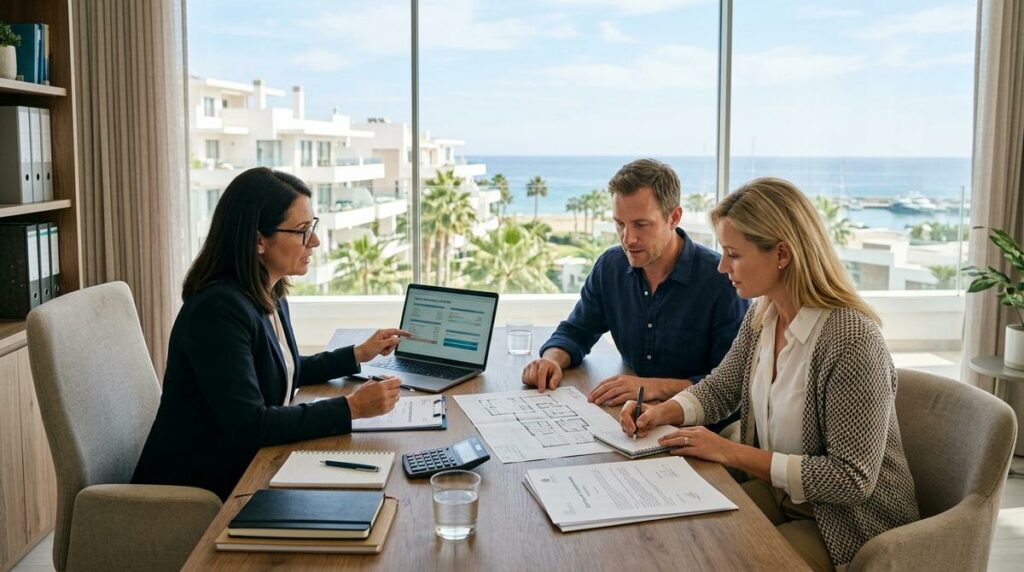 Pareja Revisando Con Un Asesor Inmobiliario Y Fiscal Los Documentos Y Calculos De Impuestos Para Comprar Una Vivienda En La Costa Del Sol