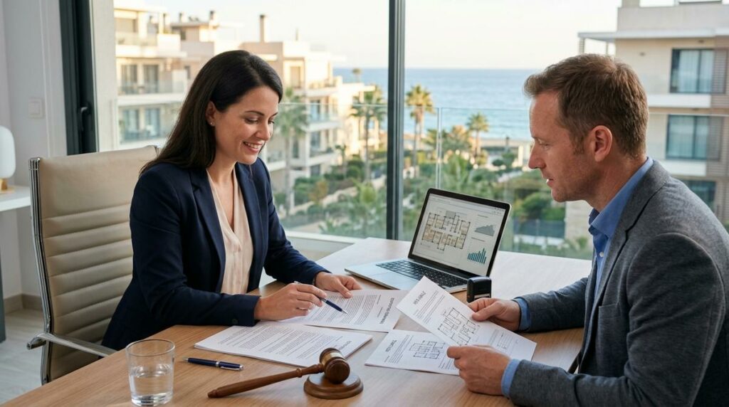 Propietario E Inmobiliaria Revisando Estatutos De Comunidad Y Documentos De Registro En Una Oficina Luminosa Con Vistas A Edificios Residenciales En La Costa Del Sol