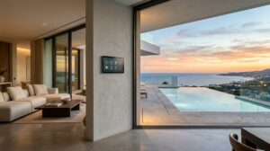 Salon De Una Villa De Lujo En La Costa Del Sol Con Panel De Control Domotico Y Vistas Al Mar Al Atardecer