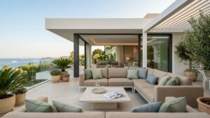 Terraza De Lujo En La Costa Del Sol Con Zona De Estar Exterior Elegante Pergola Bioclimatica Y Vistas Al Mar Integrada Con El Salon Interior