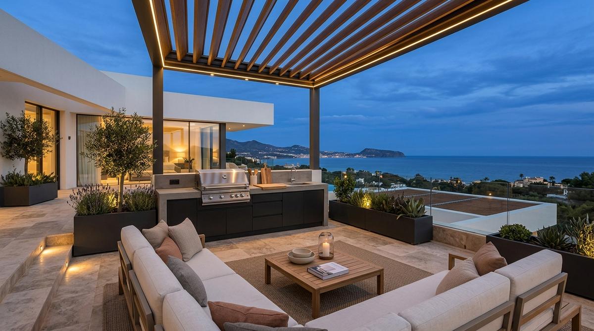 Terraza moderna con zona chill-out, cocina de verano y iluminación cálida al anochecer en una vivienda de lujo en la Costa del Sol.