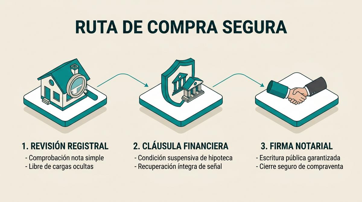 Diagrama de proceso en 3D que muestra las tres fases indispensables para realizar una compraventa segura de vivienda sin riesgos.