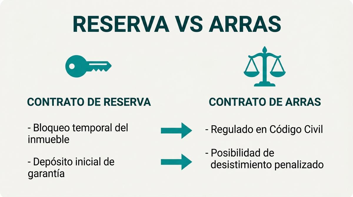 Infografía comparativa que detalla de forma clara las diferencias legales y financieras entre un contrato de reserva y un contrato de arras en España.