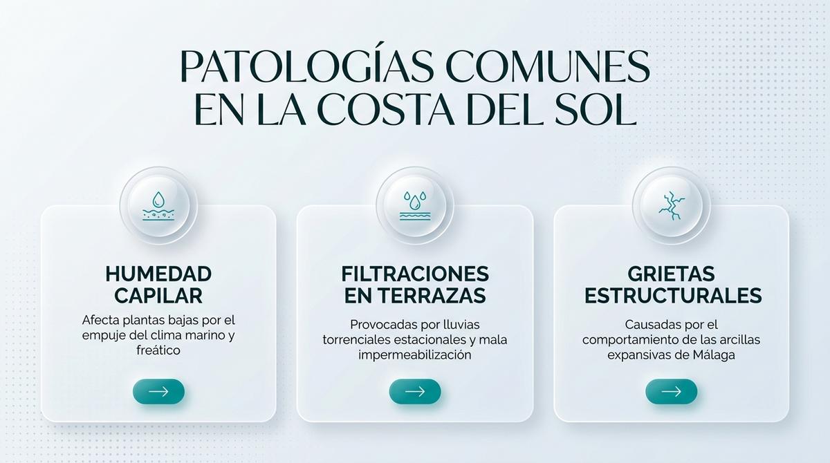 Infografía de los vicios ocultos y fallos constructivos más frecuentes en viviendas de la Costa del Sol.