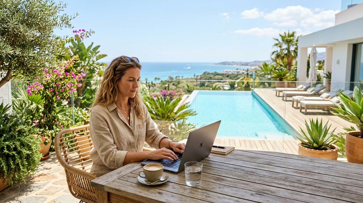 Nómada digital de alto perfil trabajando con un portátil en la terraza soleada de una vivienda moderna en Marbella.