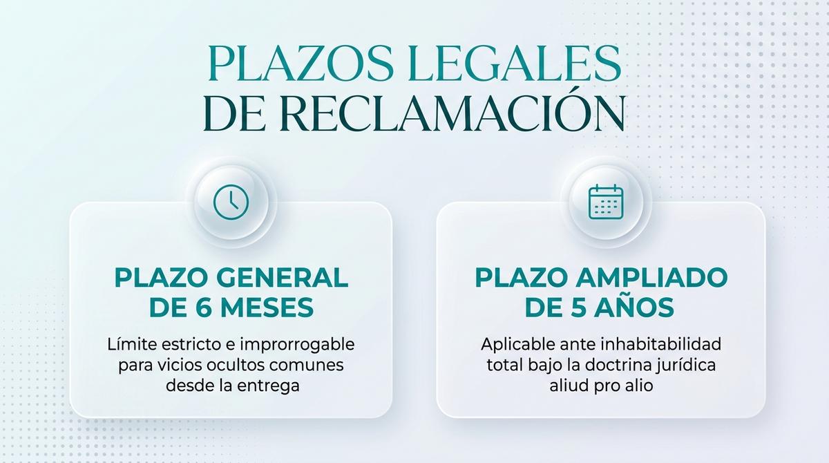 Diagrama comparativo de los plazos legales para reclamar defectos de construcción y vicios ocultos.