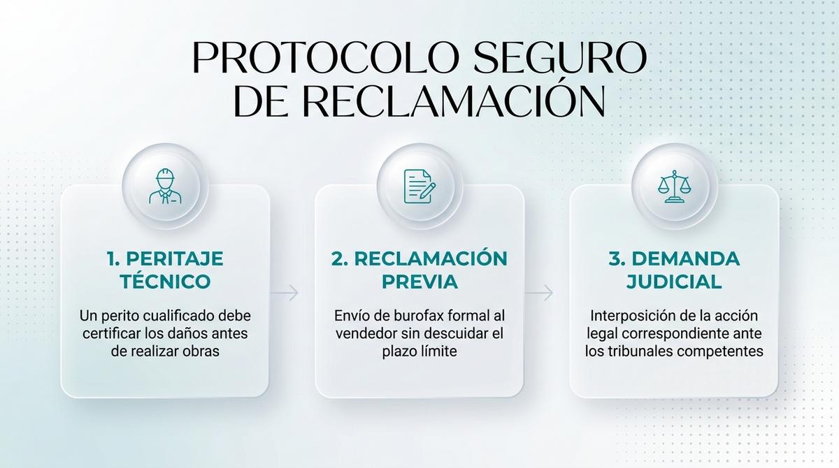 Gráfico del proceso cronológico paso a paso para documentar y reclamar vicios ocultos.