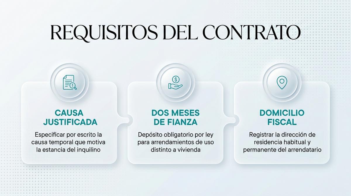 Infografía premium con efecto de vidrio esmerilado sobre los requisitos legales imprescindibles para el contrato de alquiler de temporada.