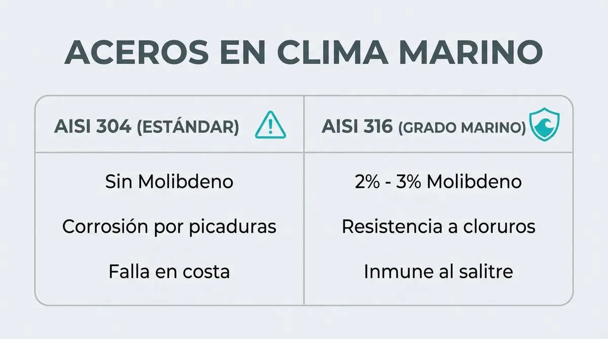 Infografía comparativa que detalla la diferencia técnica de resistencia a la corrosión costera entre el acero inoxidable AISI 304 y el acero grado marino AISI 316.