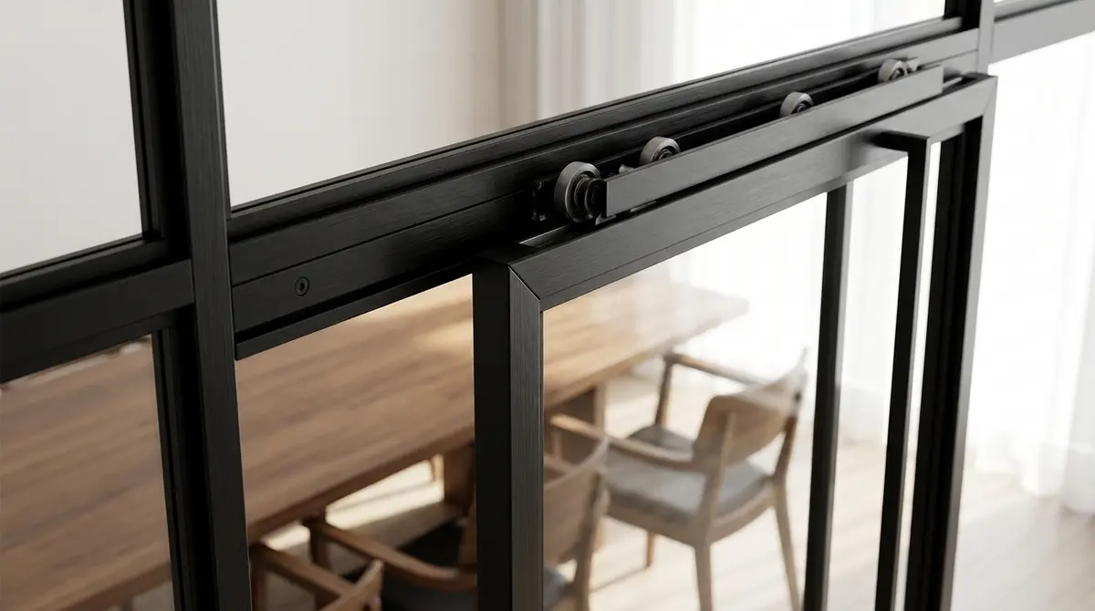 Detalle de cerramiento acristalado de alta gama con perfiles de aluminio negro mate