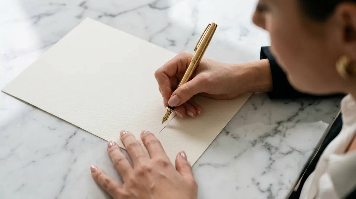 Primer plano macro de un abogado firmando un contrato de arras con cláusula suspensiva en una oficina exclusiva de la Costa del Sol.