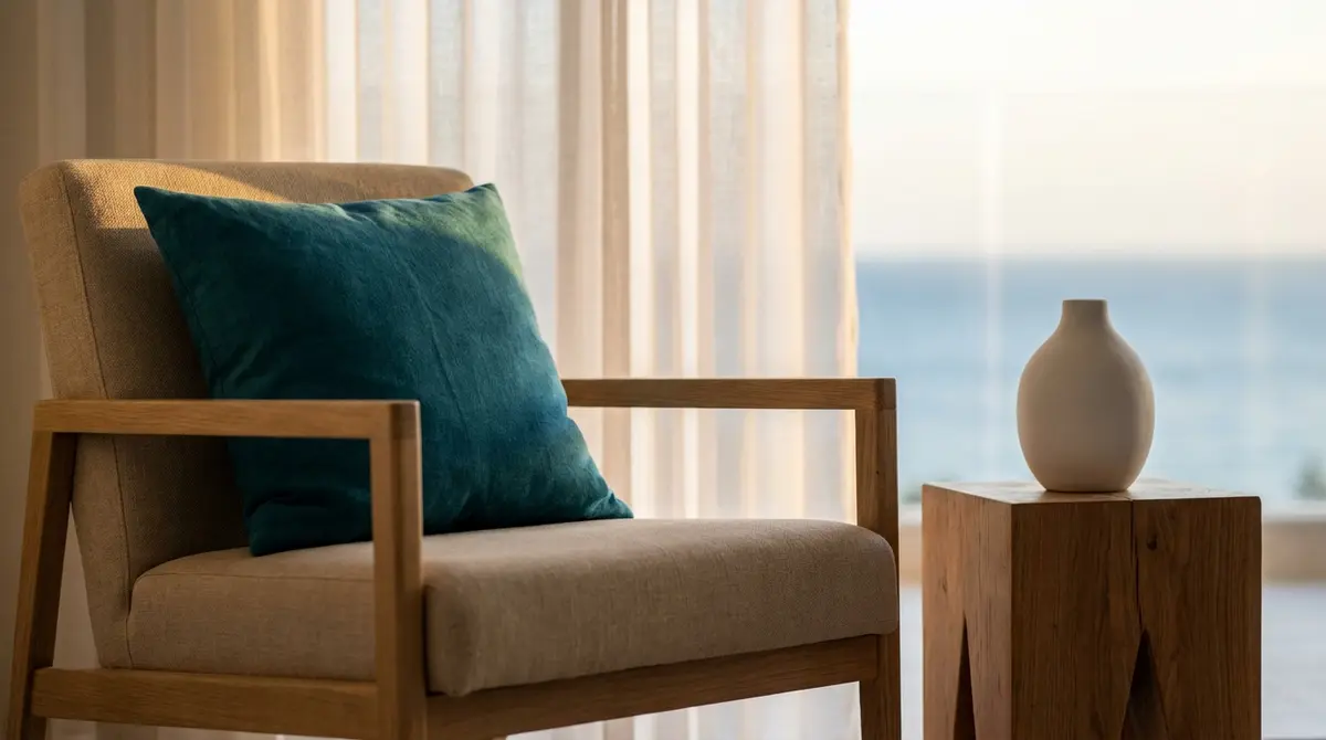 Decoración de interiorismo de lujo y home staging con textiles naturales en un apartamento costero