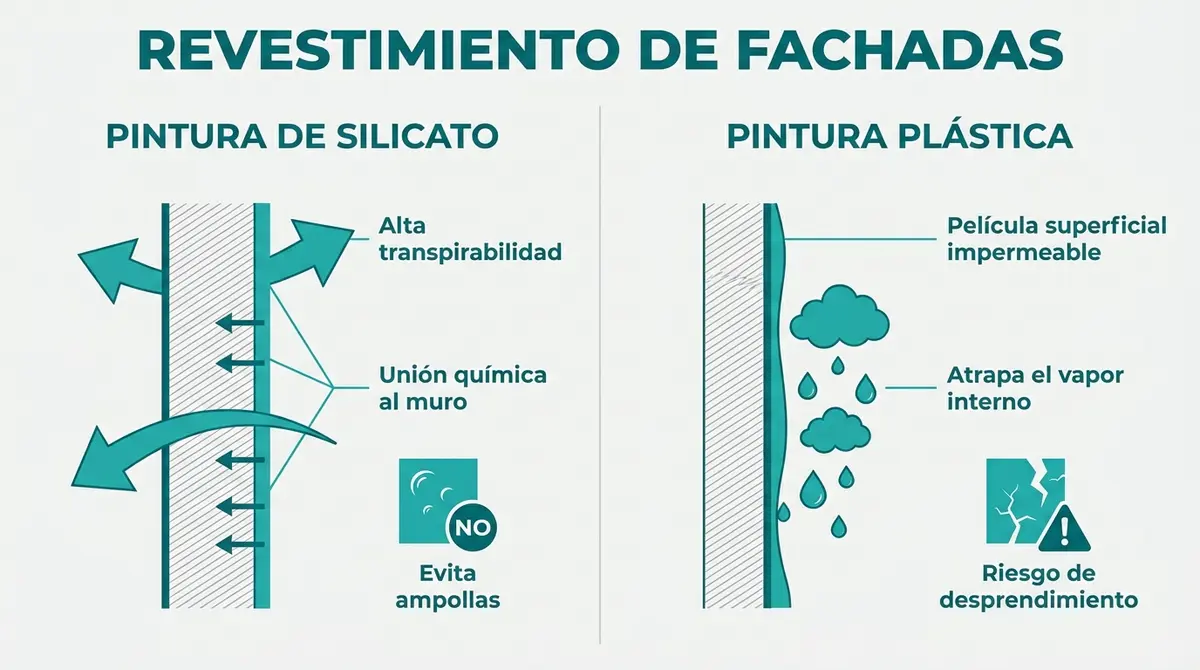 Infografía explicativa que compara la transpirabilidad de la pintura de silicato mineral frente al ampollamiento de la pintura plástica tradicional en fachadas costeras.