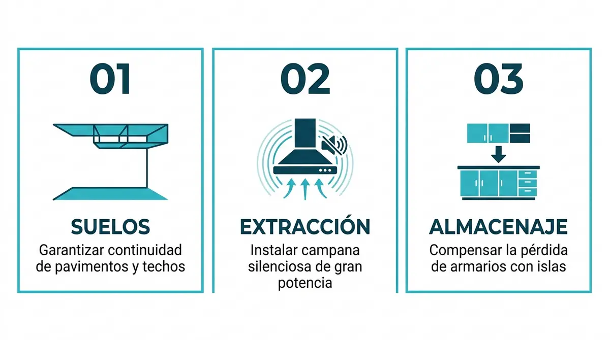 Infografía con tres errores clave a evitar al planificar una reforma de cocina integral